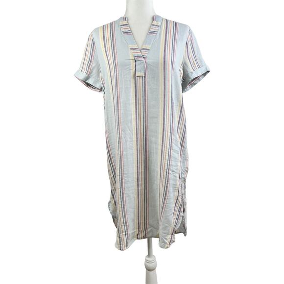 Cabana Casa Cabana New Linen Blend Striped Shift Dress V Neck Coastal Beach - Picture 1 of 13